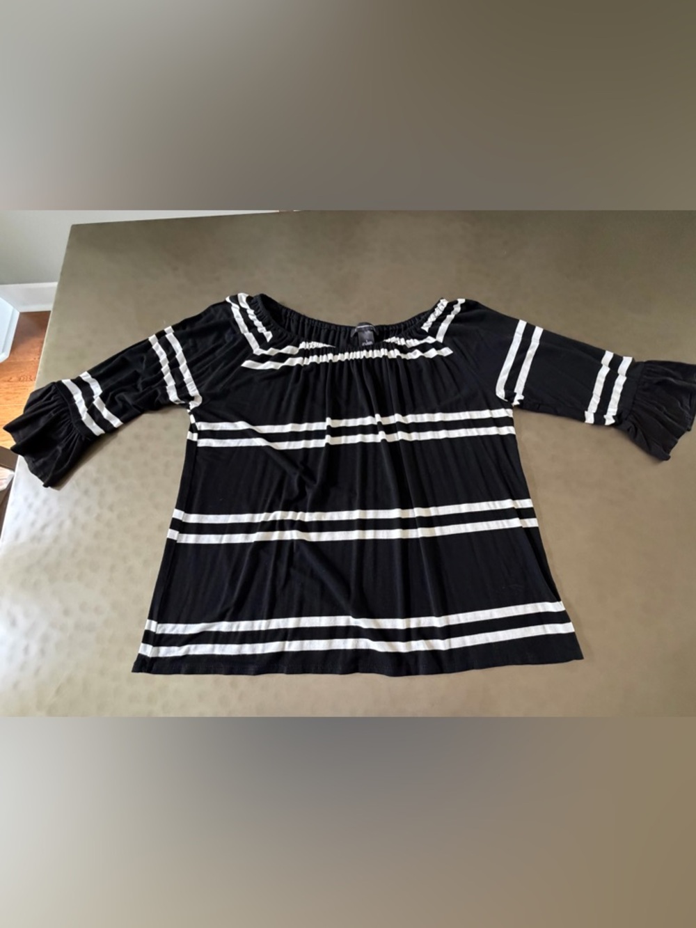 I.N.C Black & White Striped Off-Shoulder Women’s Top, Bell 3/4 sleeves, Size L